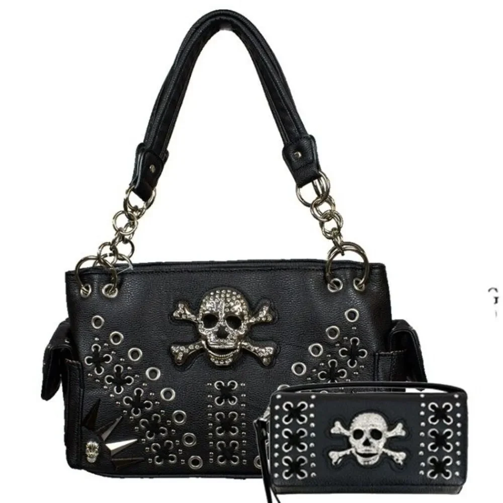 Women's Black Western Concealed Carry Purse And Wallet Set With Skull Embroidery